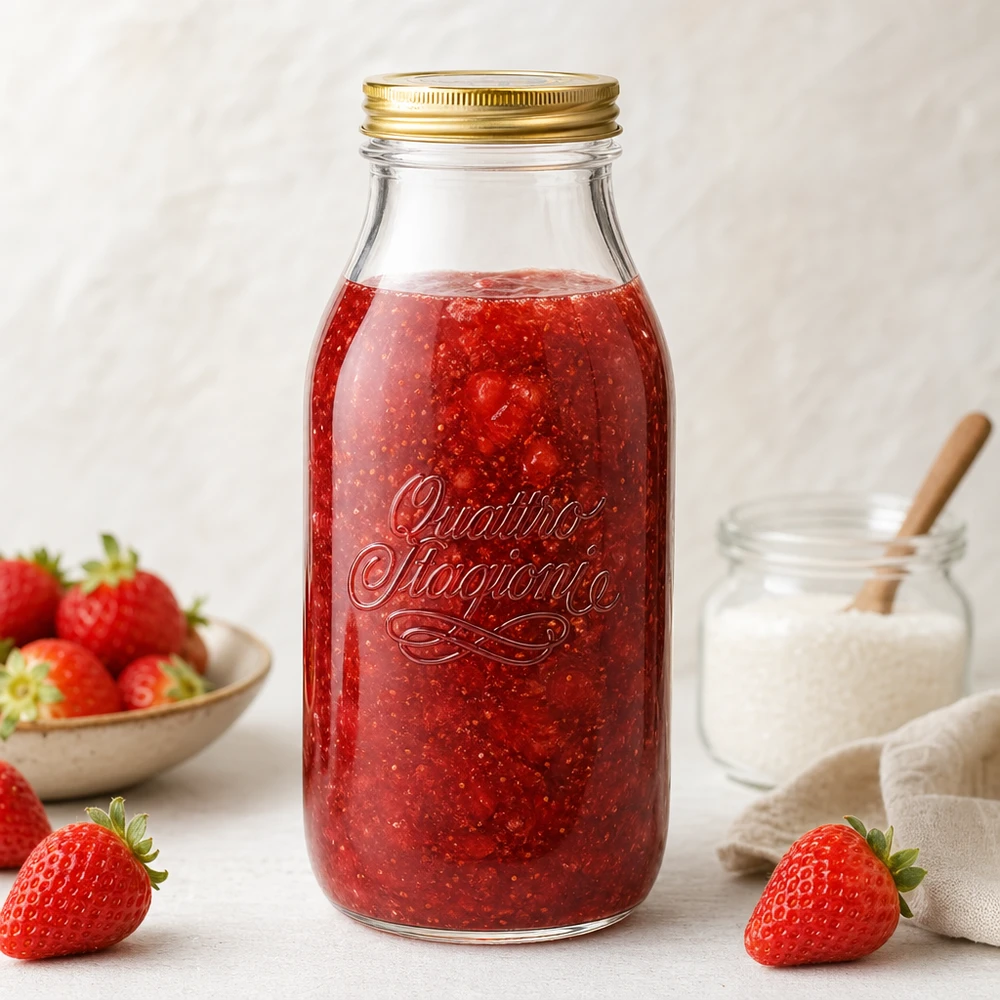 Bouteille en verre 1000ml « Quattro Stagioni » avec couvercle Quattro Stagioni 1000ml Bouteille en verre remplie de confiture de fraises, entourée de fraises fraîches et de verre au lait