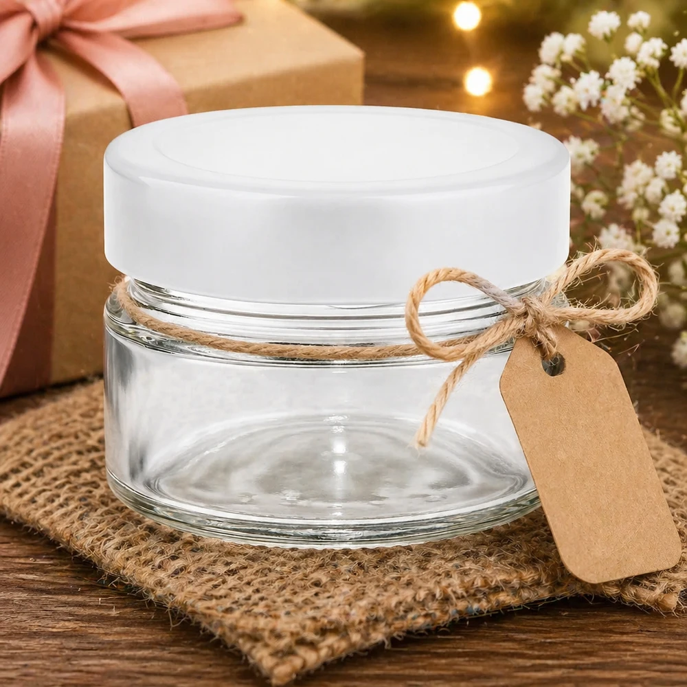 Pot rond de 80 ml avec couvercle blanc présenté de manière décorative avec un emballage cadeau et une banderole en corde de jute