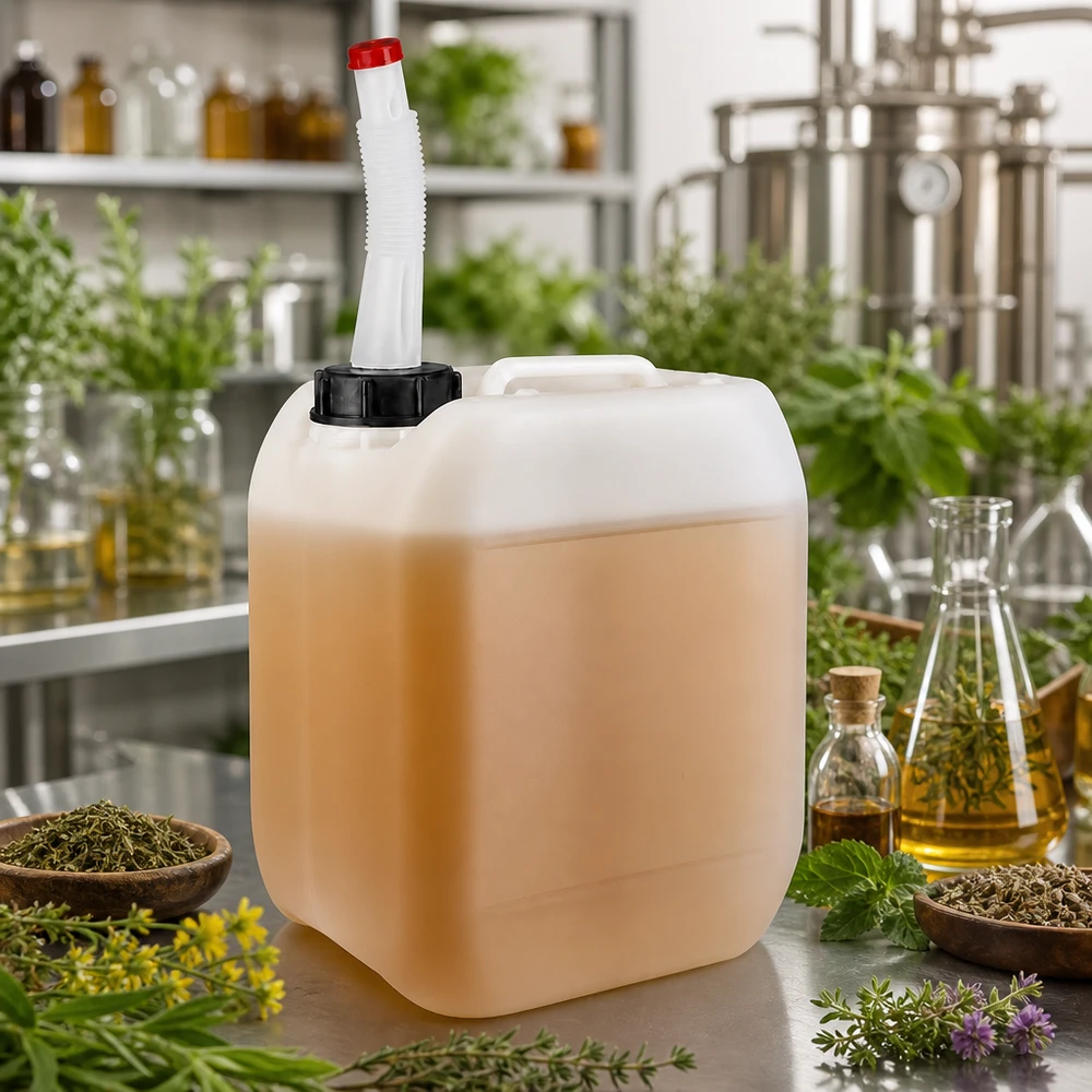 Bidon 5 litres avec tuyau d'écoulement Flex Bidon translucide de 5 litres muni d'un bec verseur souple, entre herbes fraîches et distillats