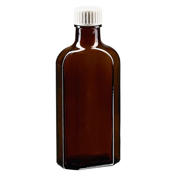 Flasque brune de 125 ml au goulot DIN 22, avec bouchon à vis DIN 22 blanc en PP et joint mousse en PE Flasque brune de 125 ml au goulot DIN 22, avec bouchon à vis DIN 22 blanc en PP et joint mousse en PE