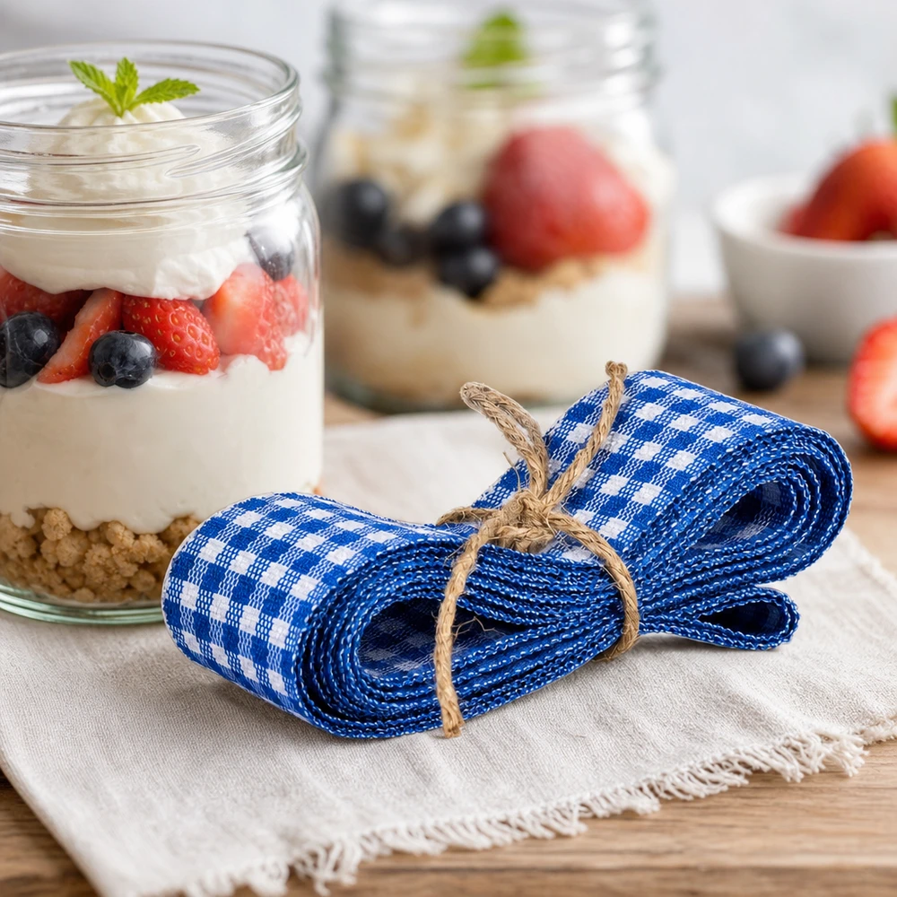 Ruban en tissu bleu et blanc pour la décoration, 300 cm Ruban de tissu bleu et blanc à carreaux 300cm lié de manière décorative à côté de verres à dessert avec du yaourt et des baies