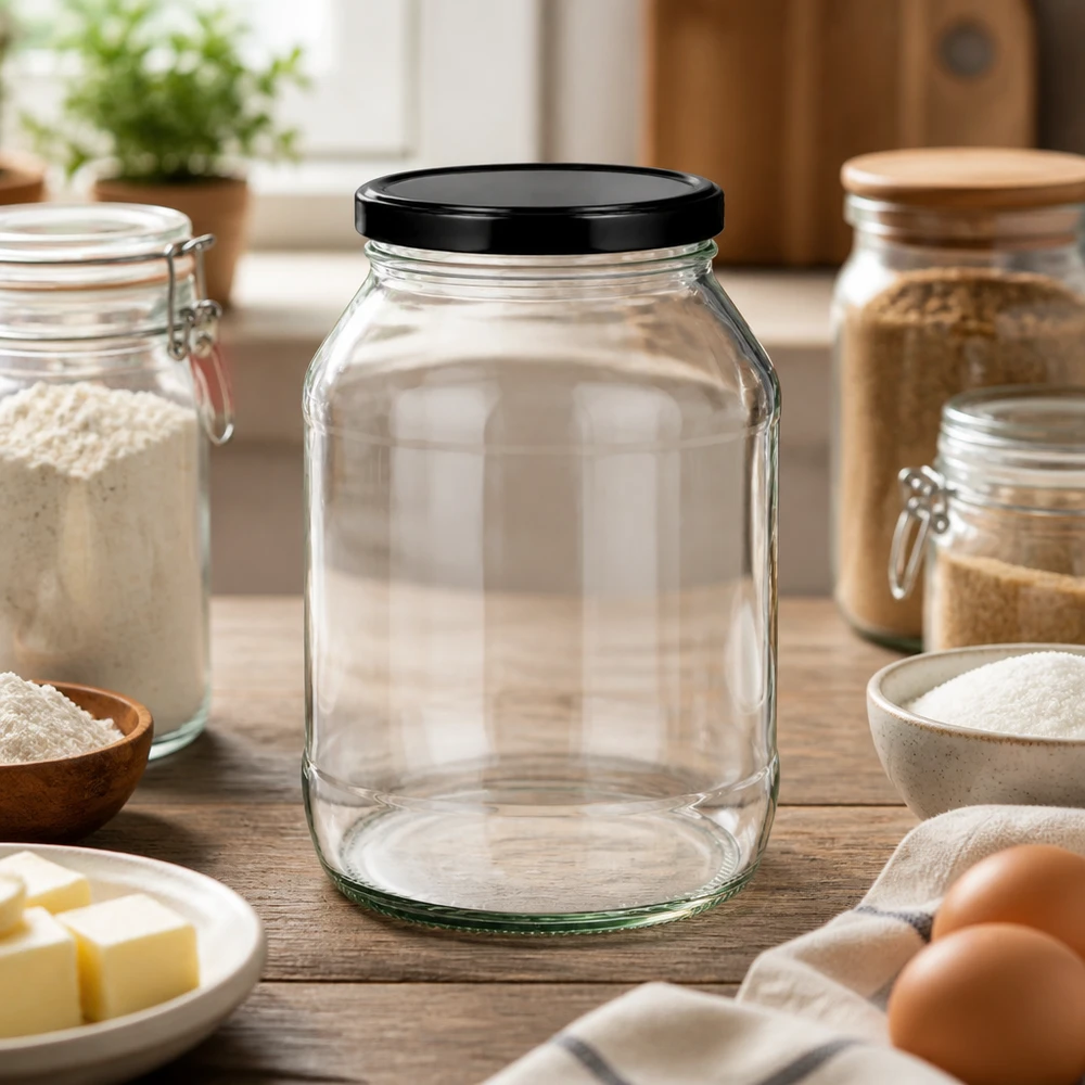2650ml Verre rond avec couvercle BasicSeal noir UNiTWIST Bocal rond de 2650 ml avec couvercle BasicSeal noir dans l'environnement de la cuisine entre les bocaux à provisions et les ingrédients de cuisson