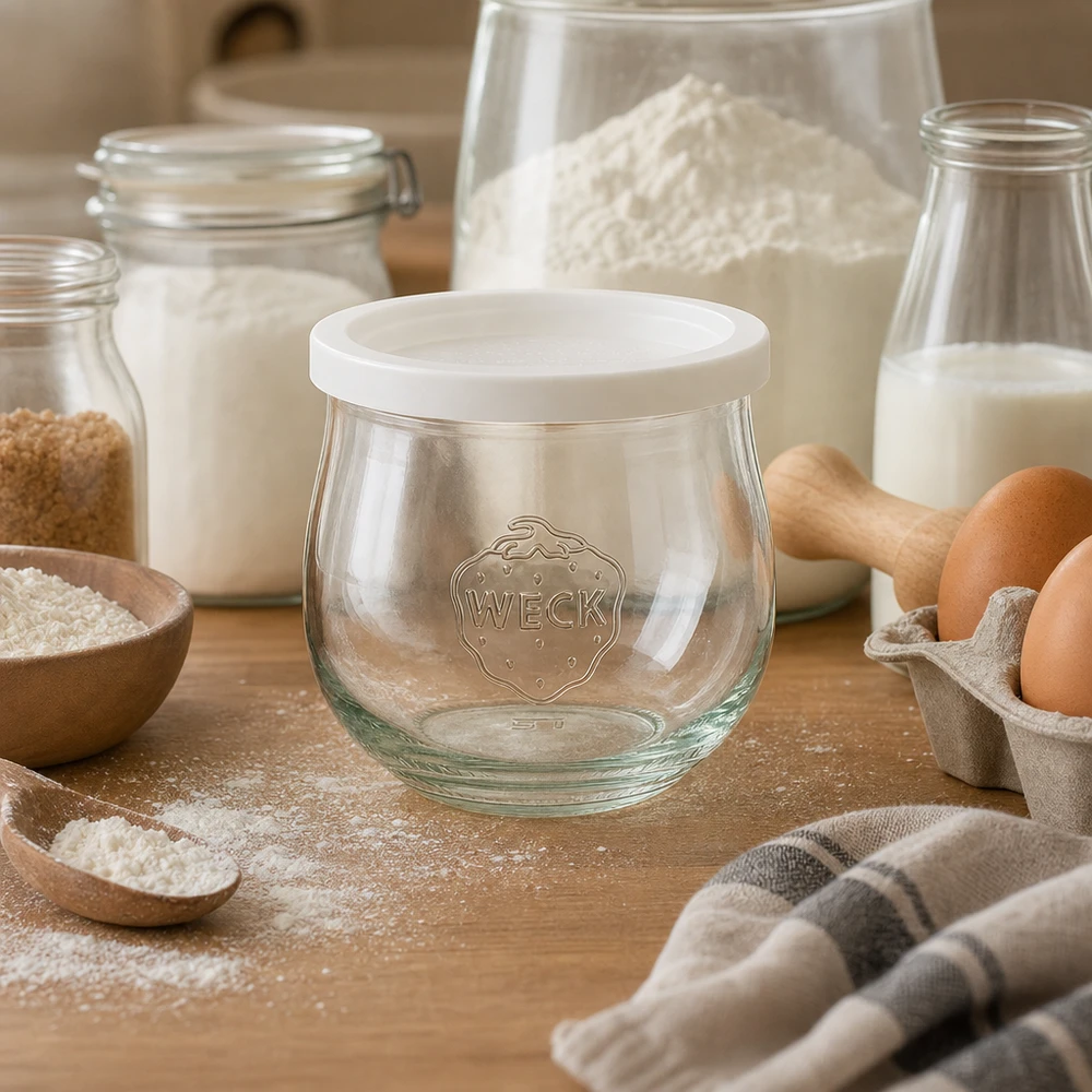 WECK Pot tulipe 370ml RR80 avec couvercle fraîcheur en scène de pâtisserie avec farine, œufs et lait sur plan de travail en bois