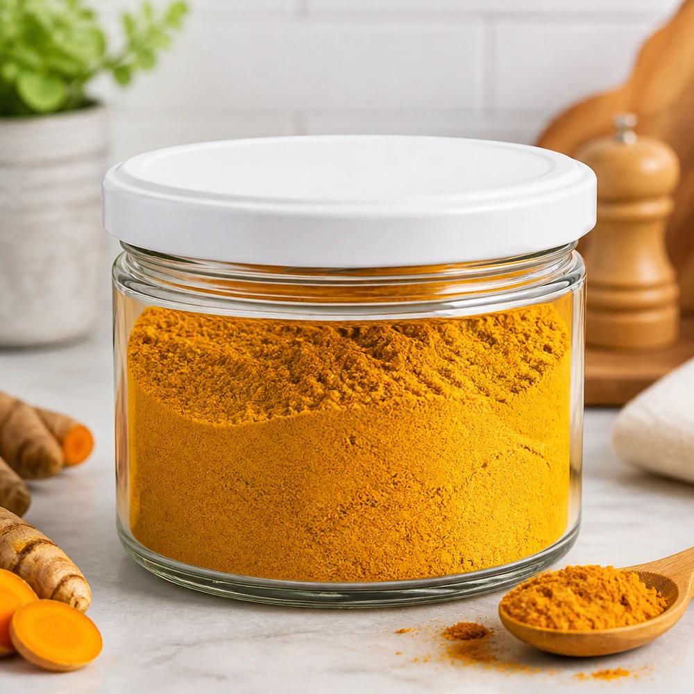 540ml Verre rond avec couvercle BasicSeal blanc UNiTWIST 540ml pot rond UNiTWIST avec couvercle blanc rempli de poudre de curcuma - pot à épices polyvalent pour la cuisine