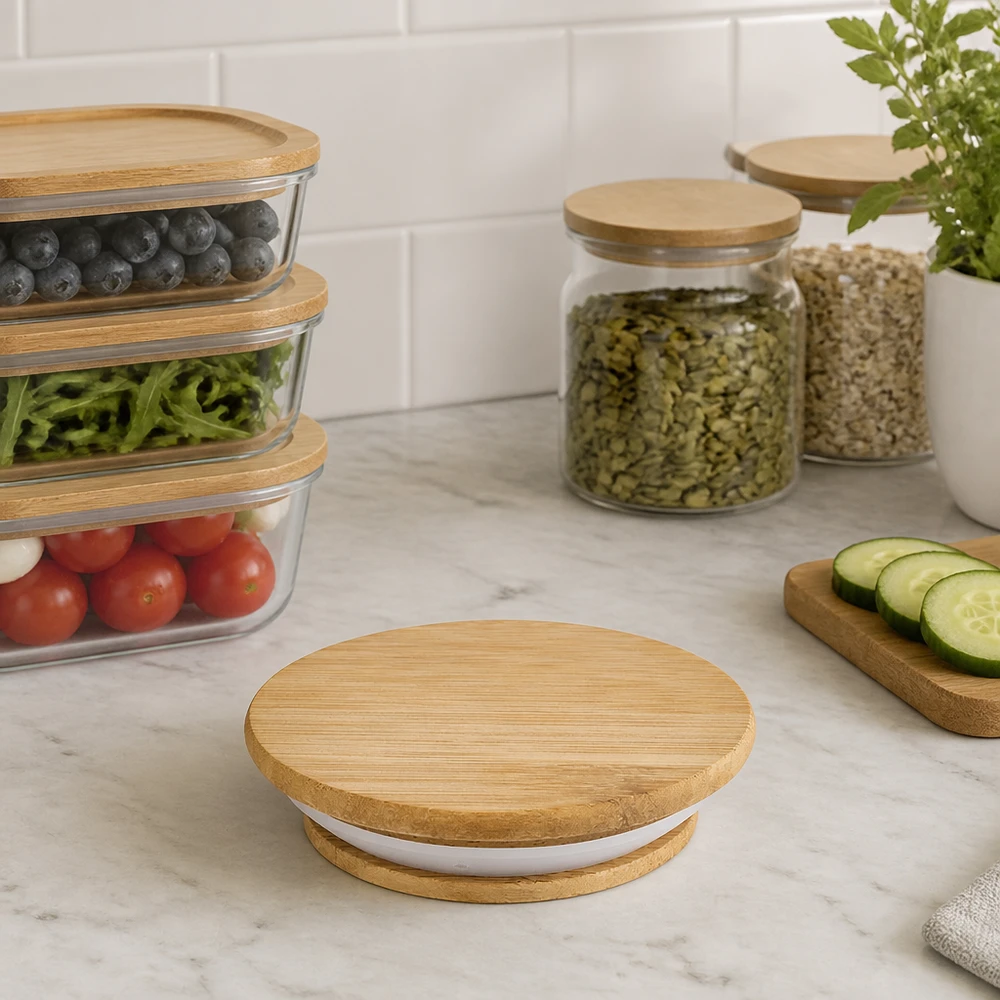 Couvercle en bois RR40 WECK WECK Couvercle en bois RR40 Chêne version A dans une cuisine moderne avec des bocaux à provisions Lifestyle Application Rangement pratique