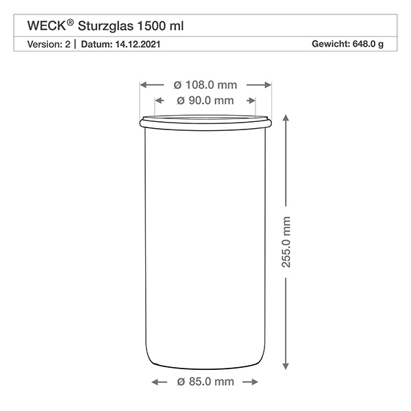 Dessin technique WECK verre renversé 1500ml RR100 avec dimensions, diamètre 108mm, hauteur 255mm, poids 648g