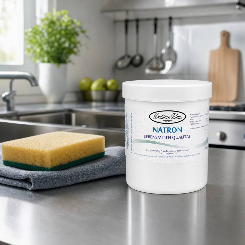 Bouteille de bicarbonate de soude blanche de 500 g sur le plan de travail de la cuisine, à côté de l'éponge et du torchon.