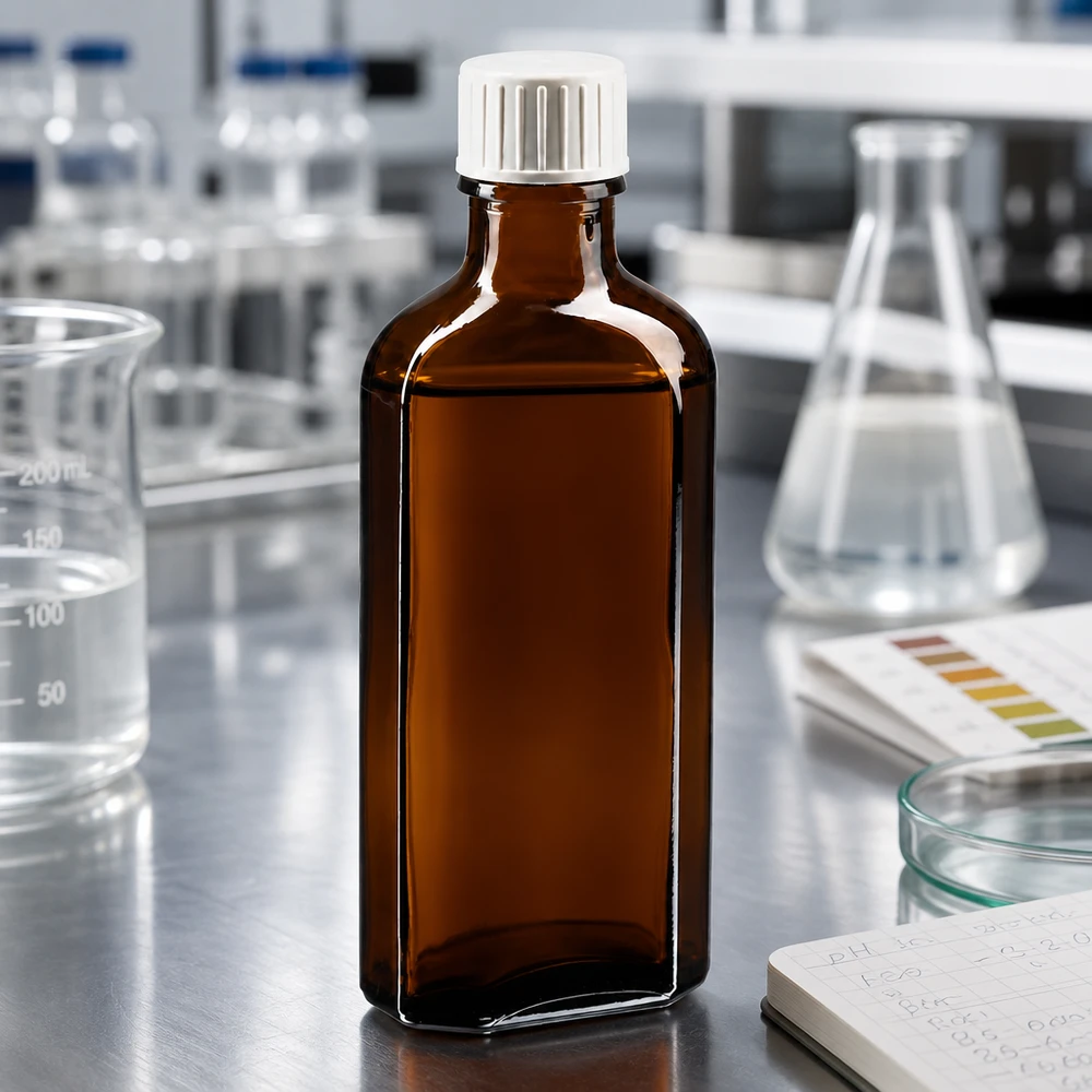 Flacon « Lichtschutz Meplat » de 100 ml en verre ambré avec bouchon à vis blanc, posé sur une table en acier inoxydable