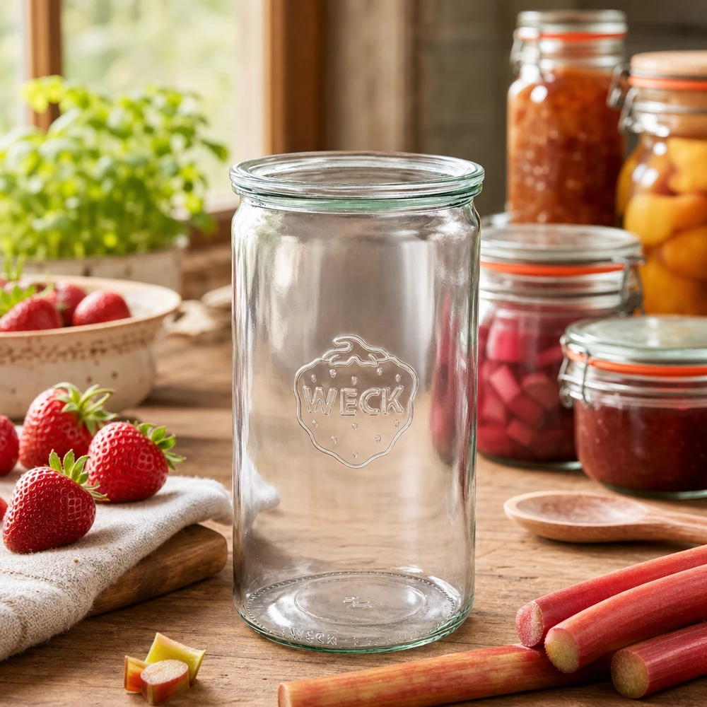 1590ml bocal cylindrique avec bouchon en verre WECK RR100 WECK Pot de conserve 1590ml dans cuisine rustique avec pots de confiture Fraises Rhubarbe Accessoires de cuisine Couvercle en verre