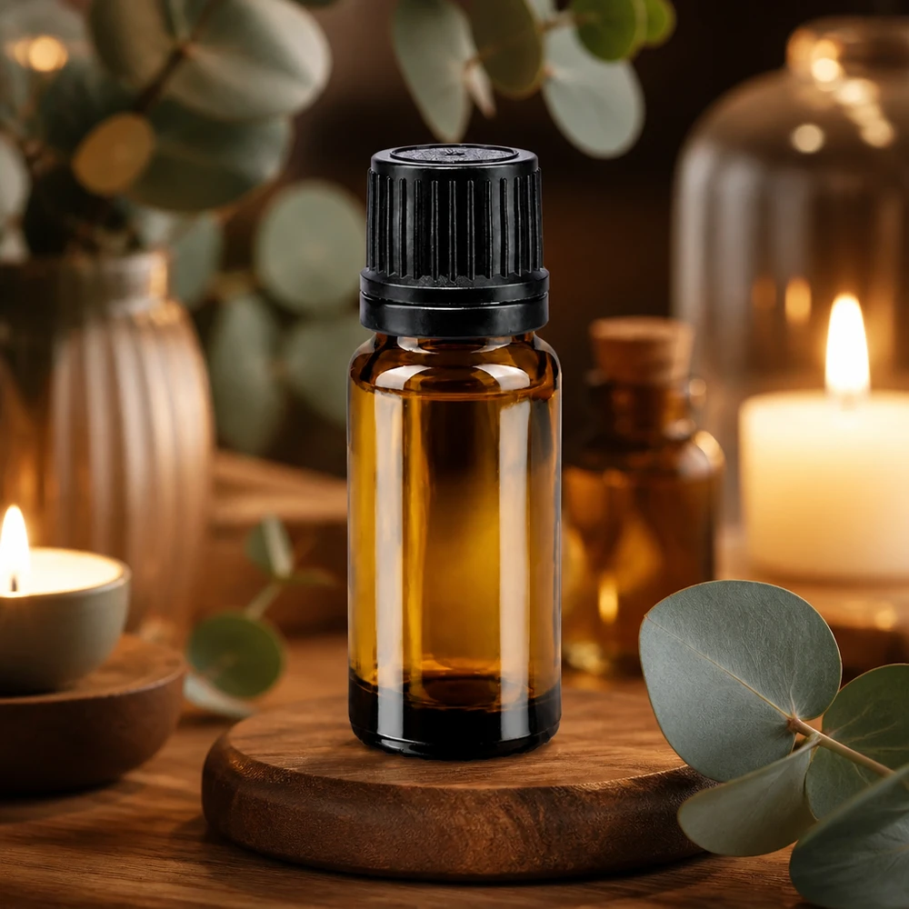 Petit flacon compte-gouttes marron de 10 ml muni d'un bouchon de sécurité noir pour enfants, posé sur un dessous-de-verre en bois