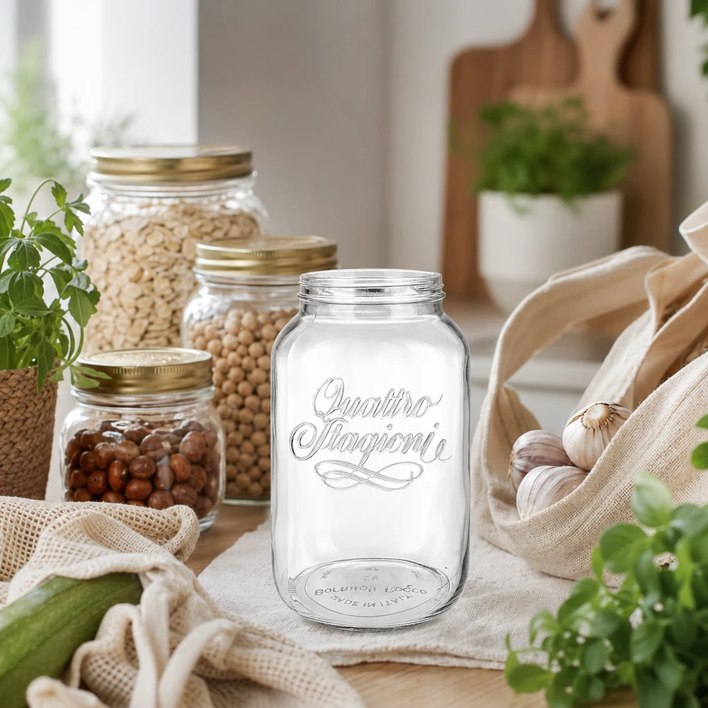 3800ml Verre rond "Quattro Stagioni" QS110mm Quattro Stagioni Bocal ménager 3800ml pour conserver les aliments dans une cuisine rustique avec des bocaux à provisions