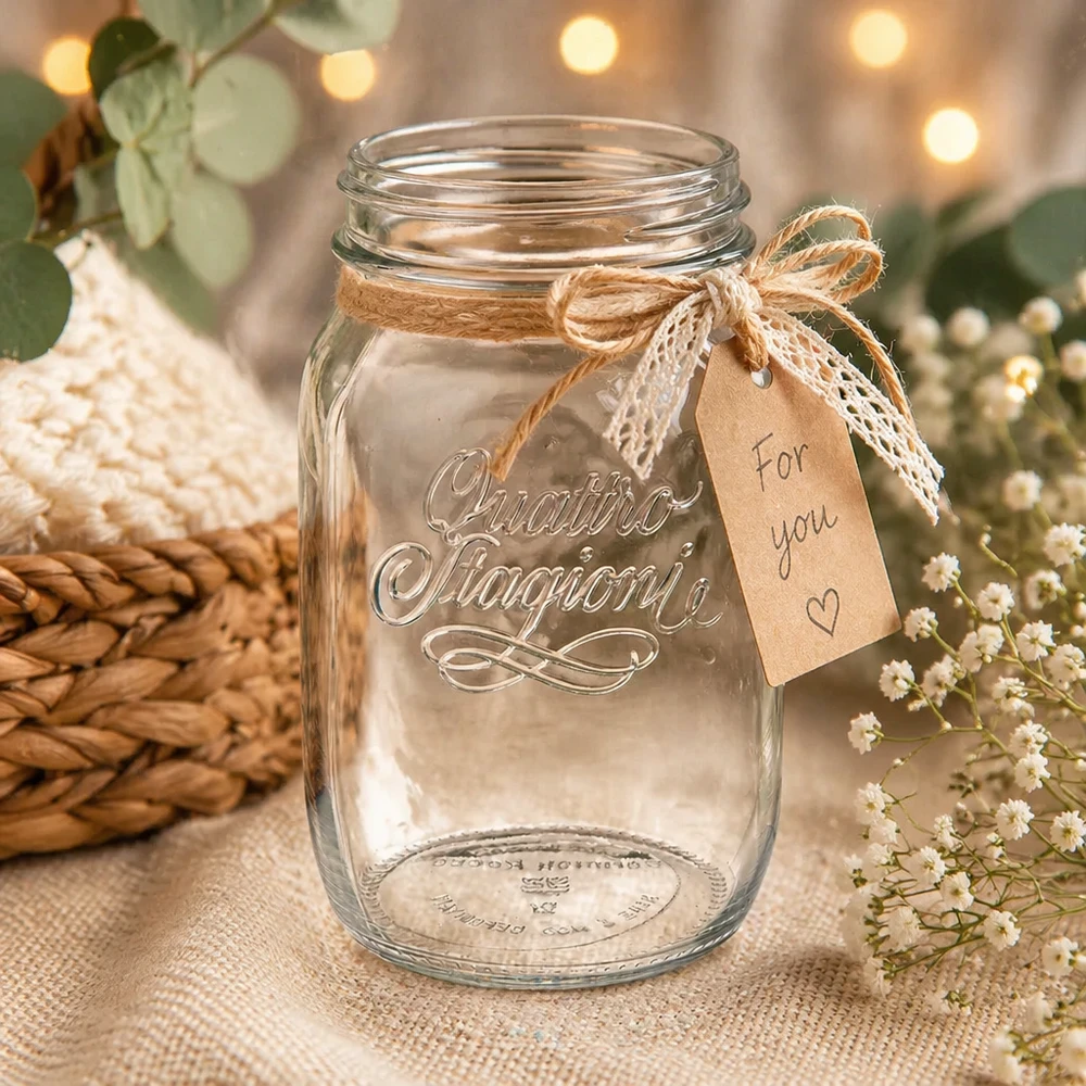 Verre de ménage 1000ml Quattro Stagioni avec décoration rustique et pendentif For You sur fond naturel