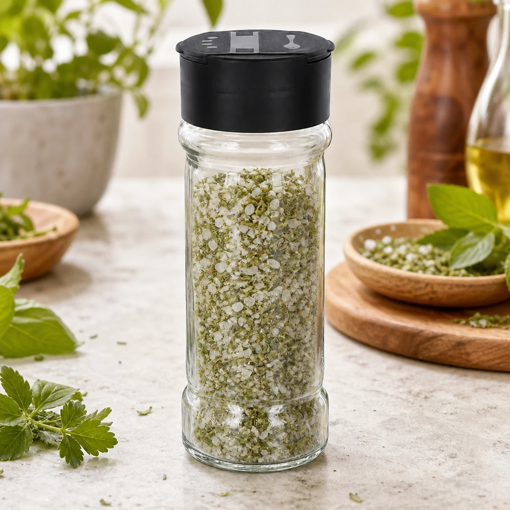 Pot à sel aux herbes de 100 ml avec couvercle à double saupoudreur noir sur fond de marbre clair