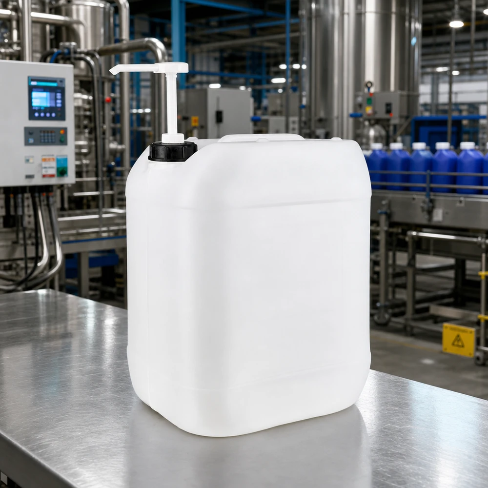 Jerrican de 20 litres avec pompe doseuse Bidon industriel transparent de 20 litres avec pompe-distributeur, issu d'une installation de remplissage moderne