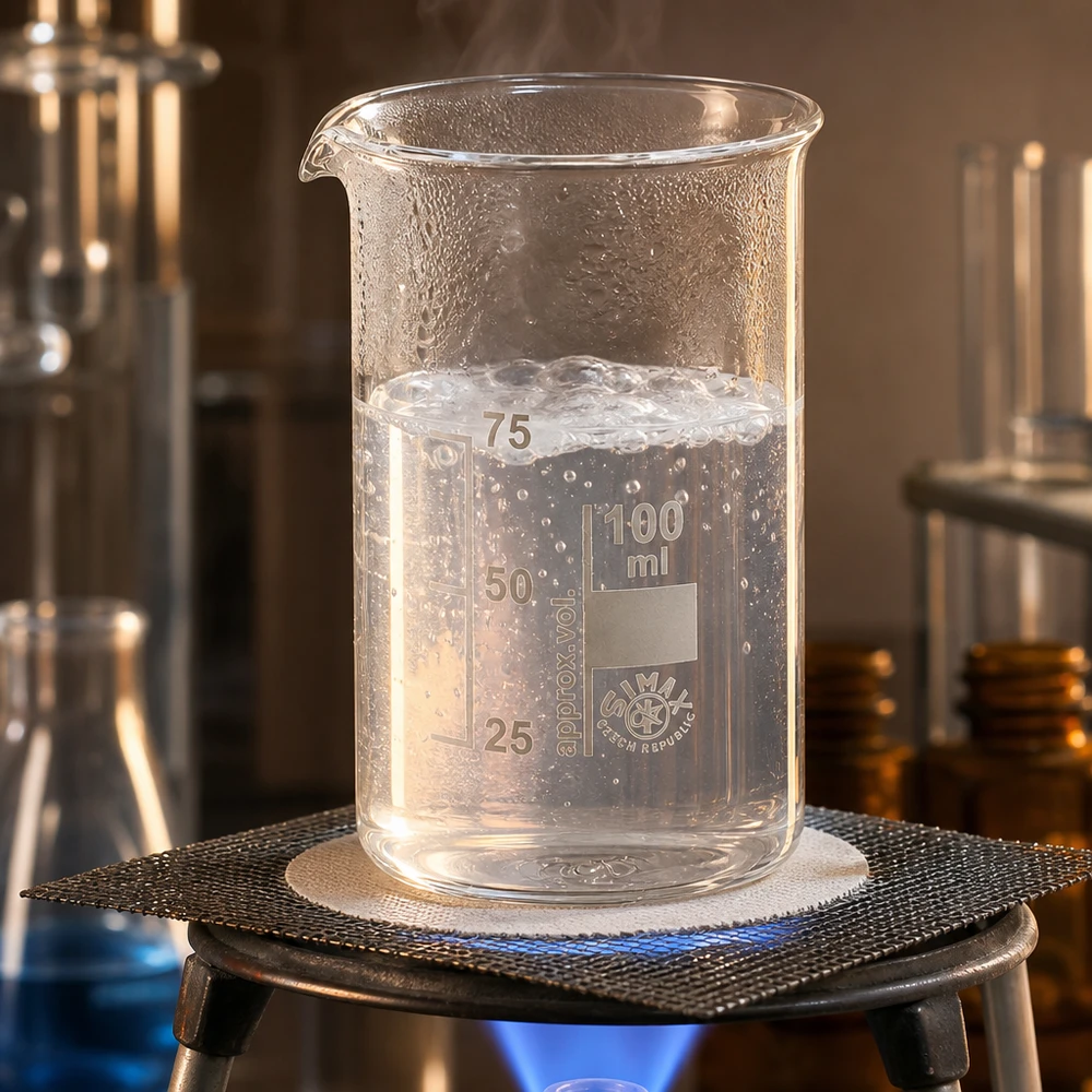 De l'eau bouillante dans un récipient en verre borosilicaté de 100 ml, de forme haute, placé sur un brûleur à gaz avec une grille métallique
