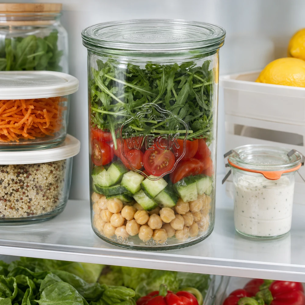 WECK Pot renversé 1000ml RR100 au réfrigérateur avec Salat-Meal-Prep à côté d'autres bocaux de stockage avec des pois chiches