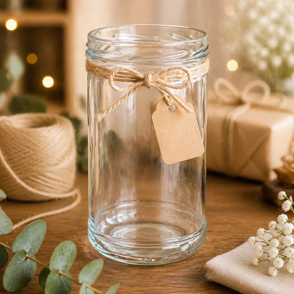 UNiTWIST Verre renversé 1053ml avec décoration rustique Corde de jute et étiquette cadeau disposées sur une table en bois