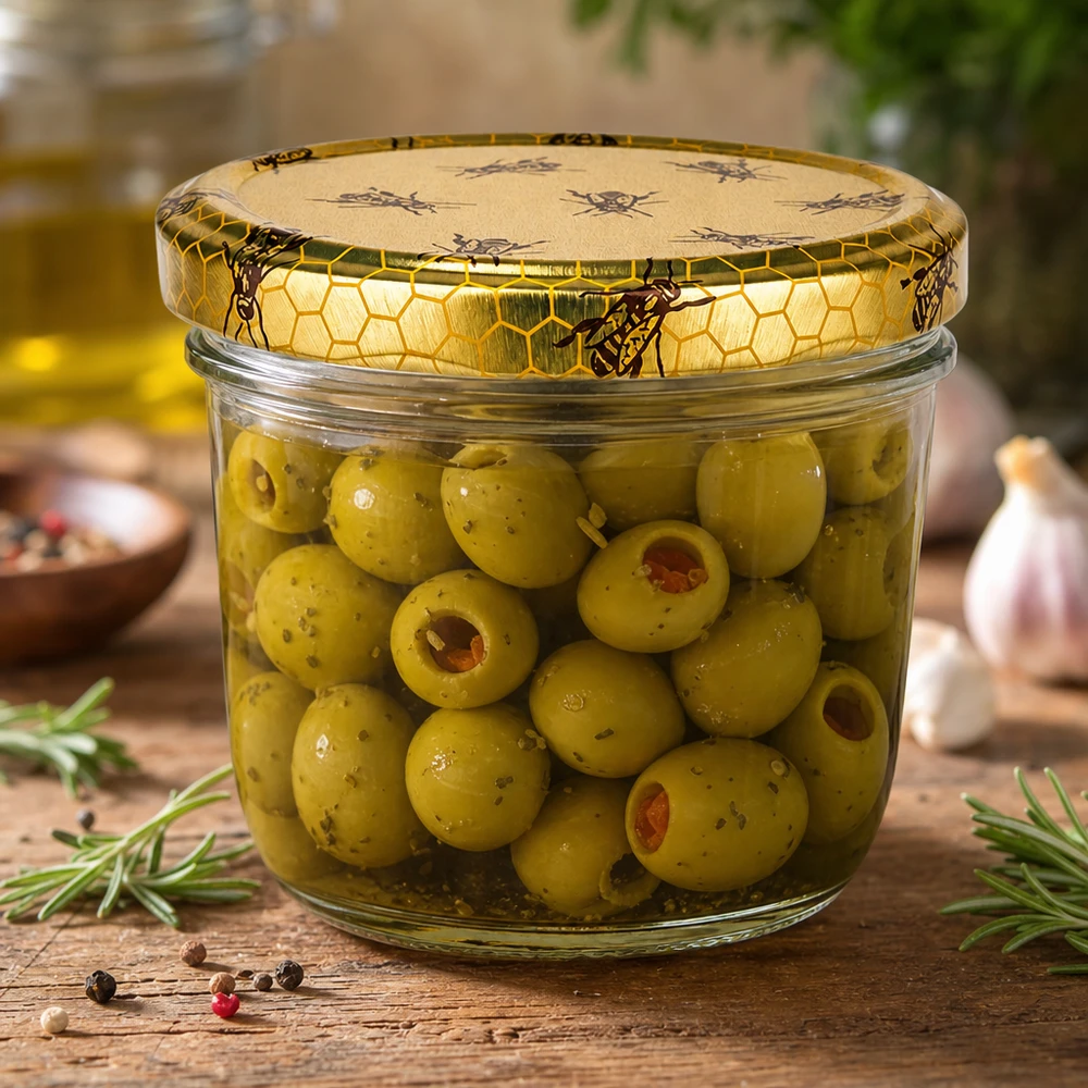 Pot renversé de 230 ml avec couvercle en nid d'abeille rempli d'olives vertes comme exemple d'application pour la conservation