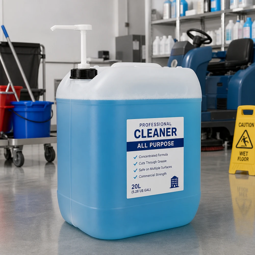 Jerrican de 20 litres avec pompe doseuse Bidon de produit nettoyant bleu de 20 litres avec pompe doseuse dans un environnement de nettoyage professionnel