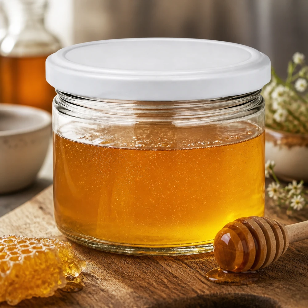 540ml Verre rond avec couvercle BasicSeal blanc UNiTWIST 540ml Rundglas BasicSeal weiß gefüllt mit goldenem Honig neben Bienenwabe - hochwertiges Glas für Imkerei-Produkte