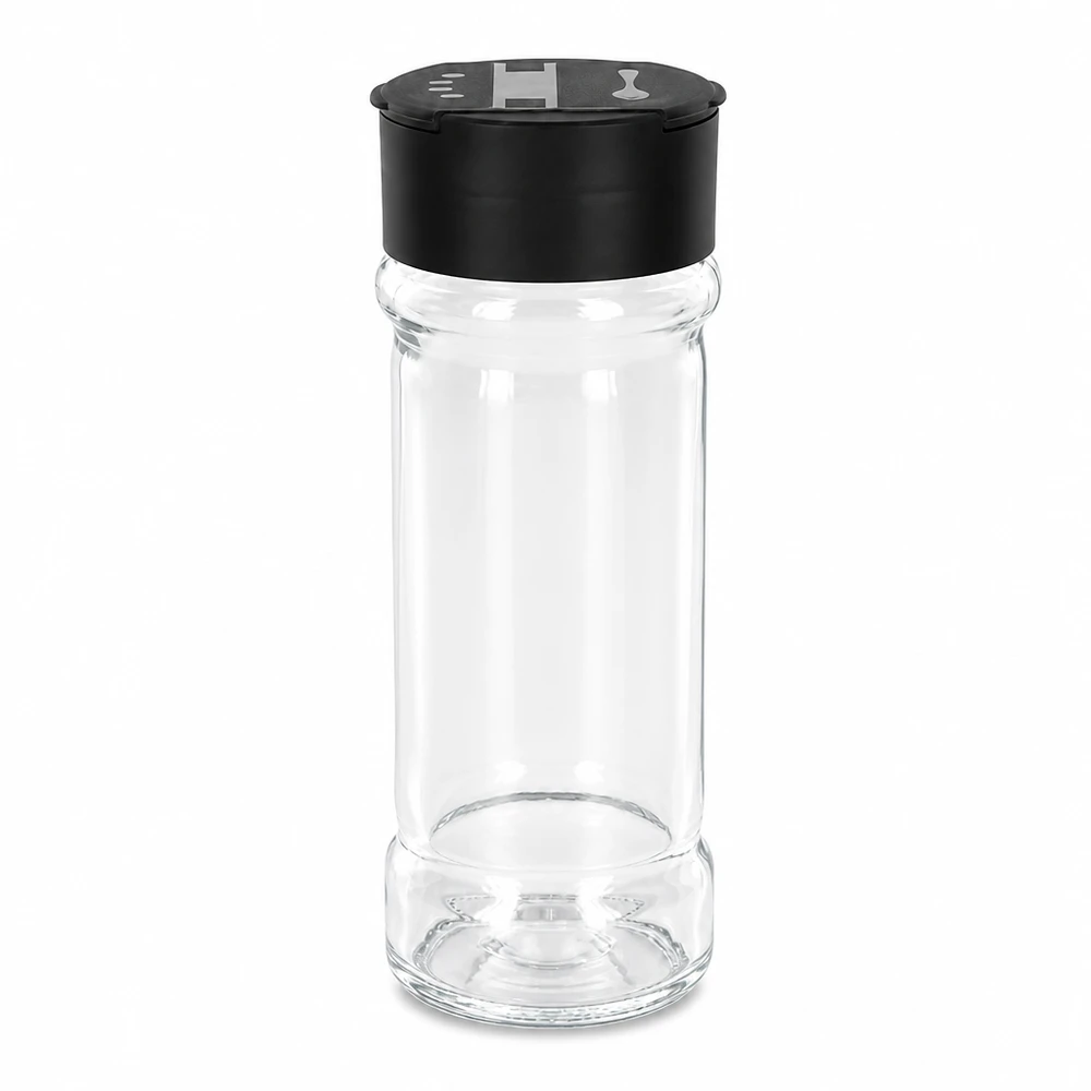 Pot à sel et à épices transparent de 100 ml avec couvercle à double saupoudreuse pivotant, couleur noire