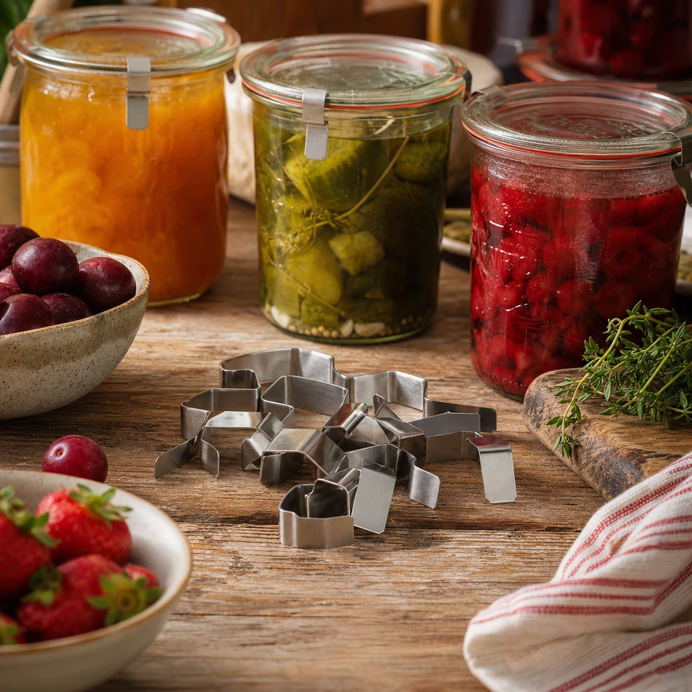 Pinces à confiture en acier inoxydable dans une scène de cuisine avec des pots de confiture, des légumes et des fruits frais.