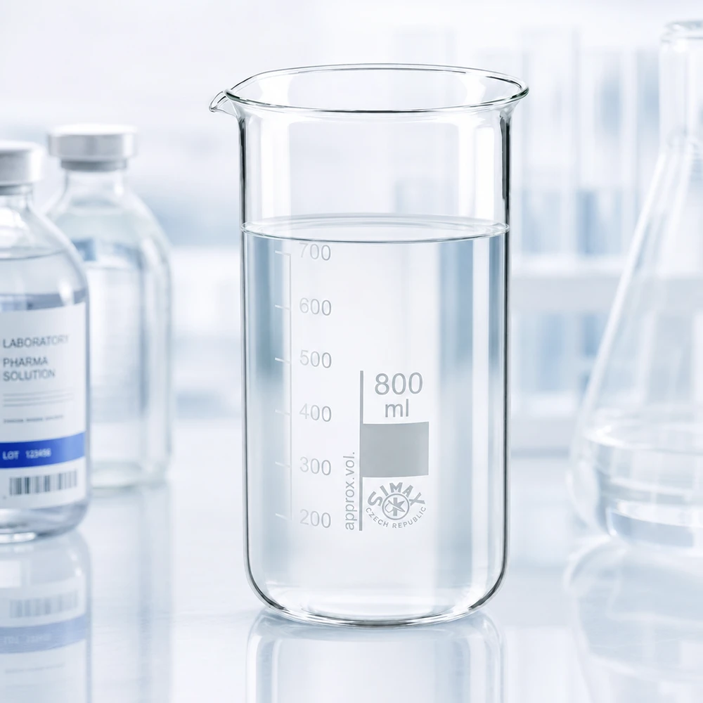Bécher de 800 ml, de forme haute, en verre borosilicaté transparent, rempli d'un liquide limpide jusqu'à 650 ml