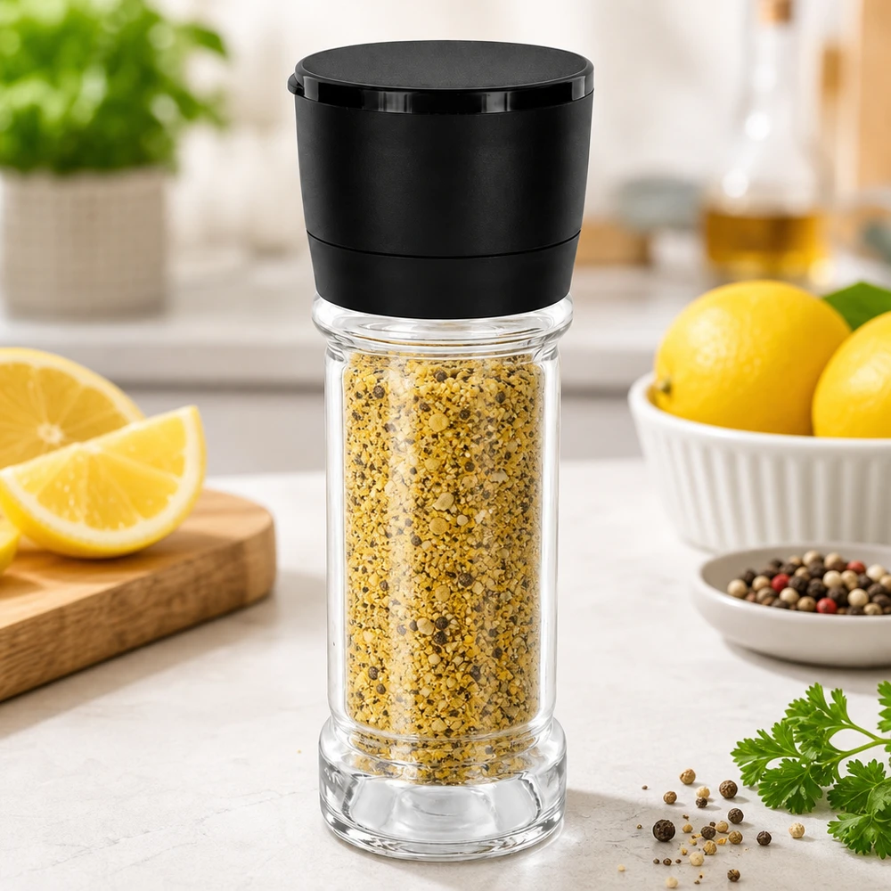 Pot à épices au poivre citronné de 100 ml avec moulin noir Vario, devant des citrons frais