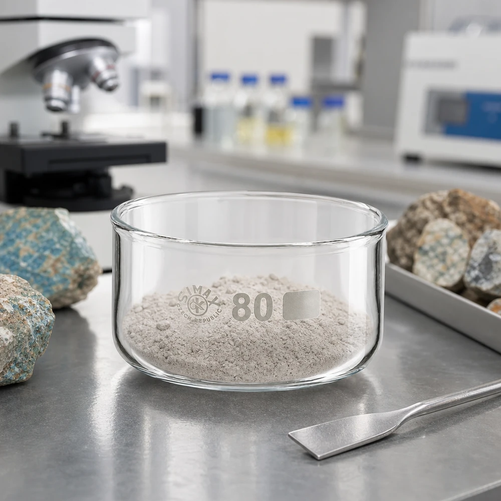 Poudre minérale blanc grisâtre dans un récipient de cristallisation SIMAX de 150 ml en verre borosilicaté de laboratoire, ø 80 mm