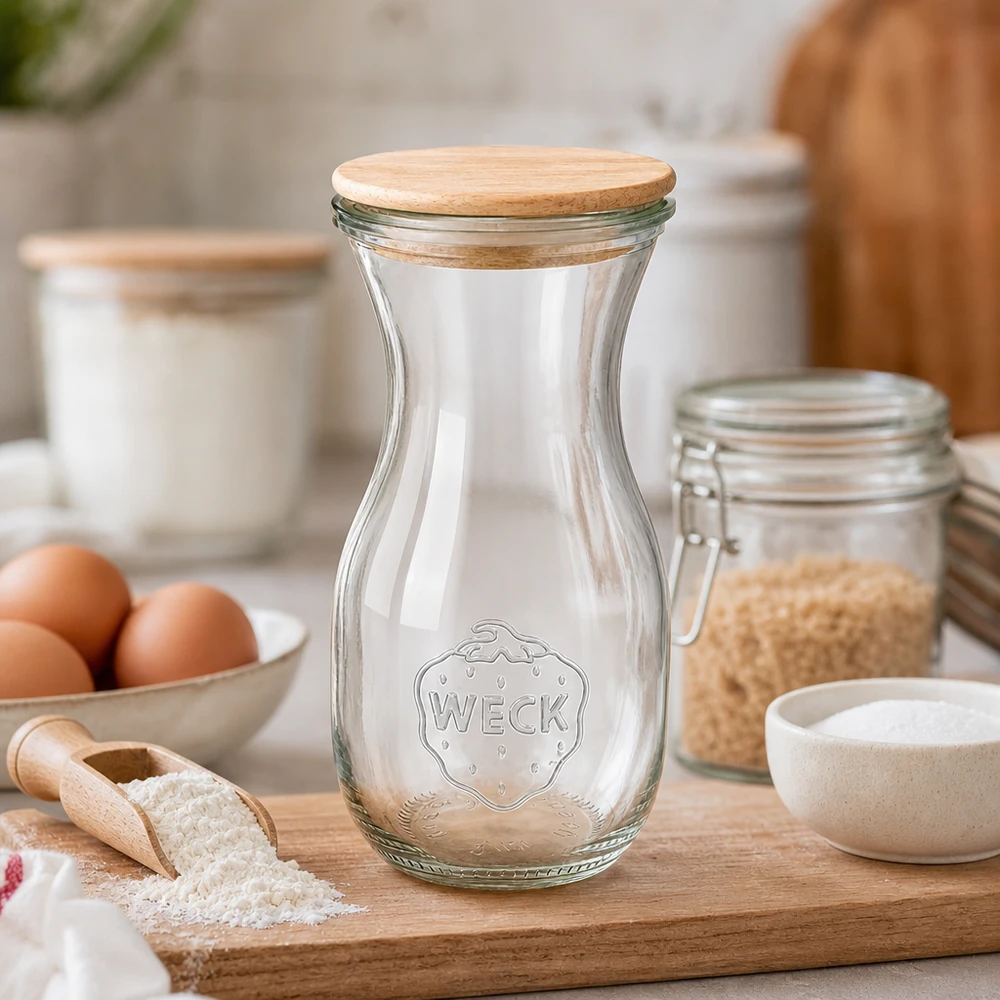 WECK Bouteille de jus 290ml avec couvercle en bois sur une planche de cuisine entre les ingrédients de cuisson, la farine, les œufs et les bocaux de stockage