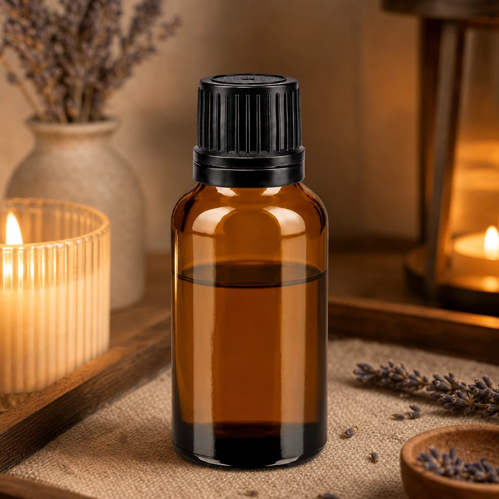 Flacon en verre de 20 ml, couleur ambre, avec bouchon d'origine noir, pour l'huile de lavande et les essences