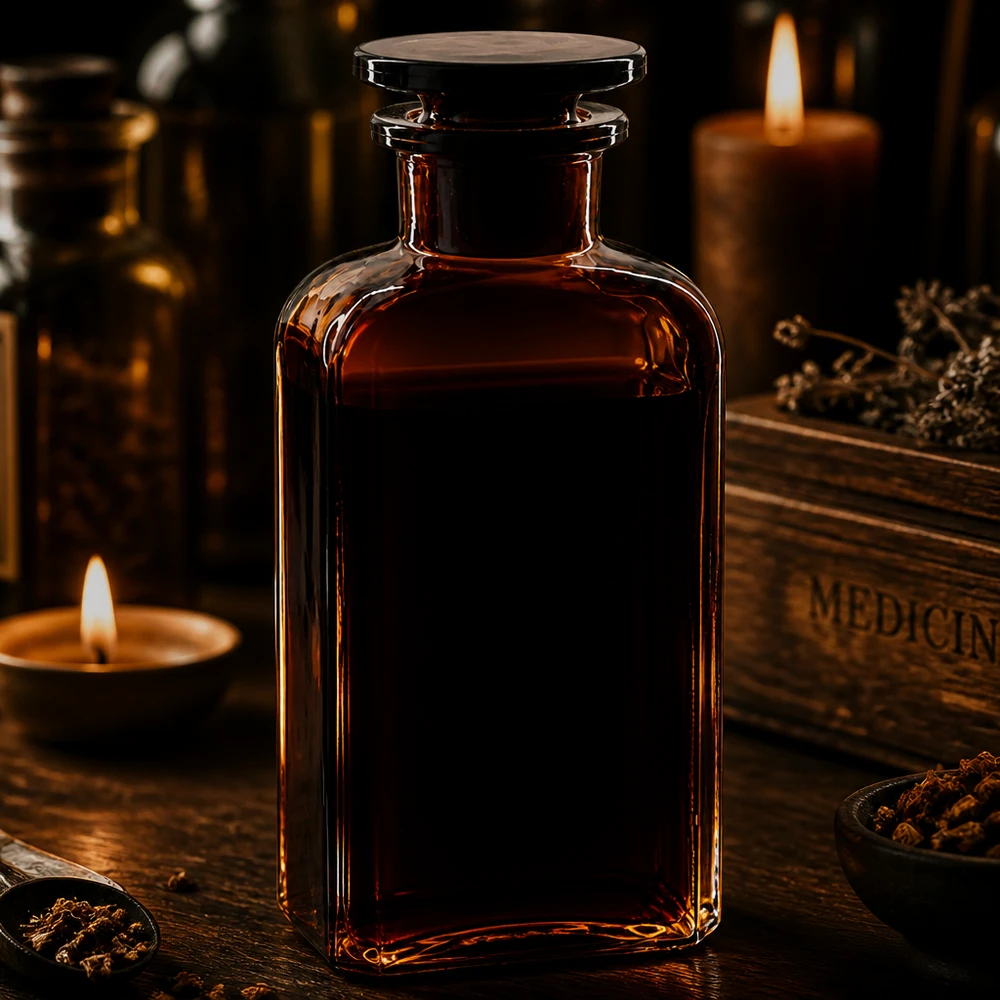 Flacon carré col large 250 ml + bouchon RIN, verre ambré Bouteille en verre brun de 250 ml, de forme carrée, avec bouchon, pour teintures, herbes et remèdes naturels