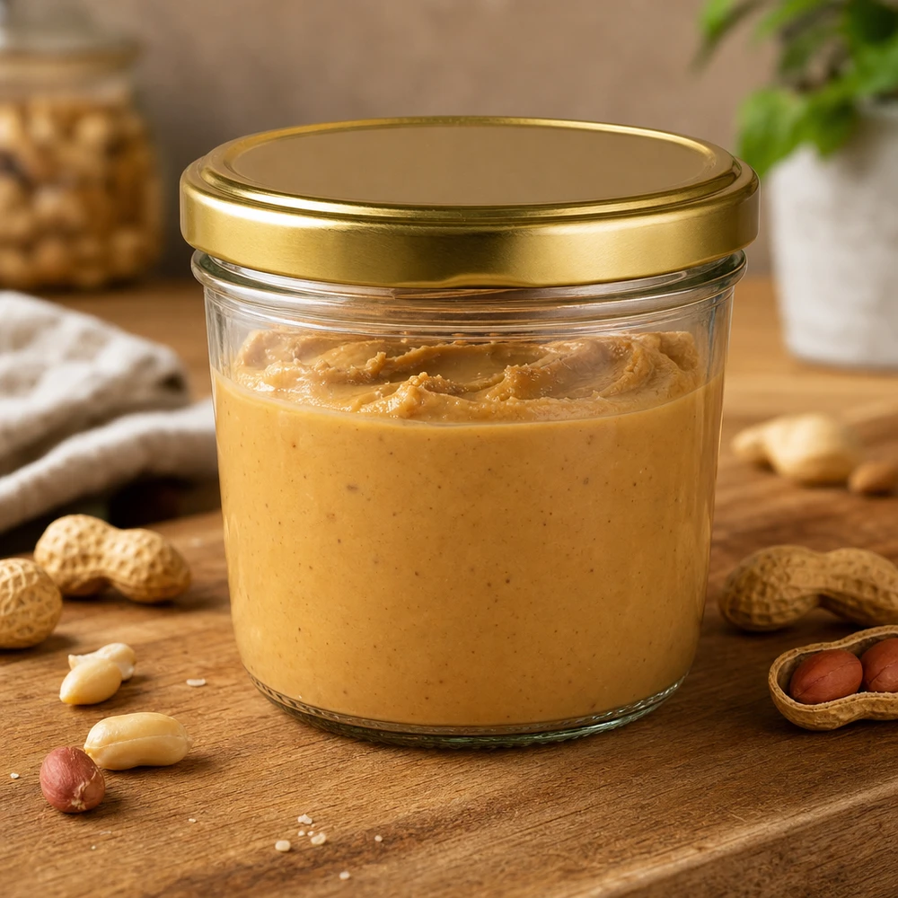 Pot renversé de 230 ml avec couvercle doré BasicSeal rempli de beurre de cacahuètes entouré de cacahuètes sur planche en bois