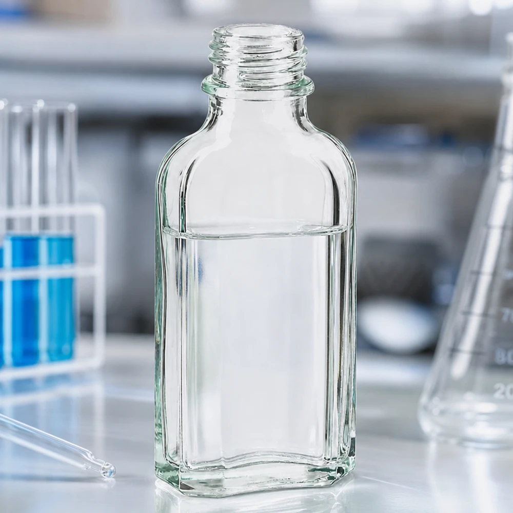 Flacon Meplat plat de 50 ml, transparent, avec filetage DIN22, contenant un liquide transparent et rempli à moitié