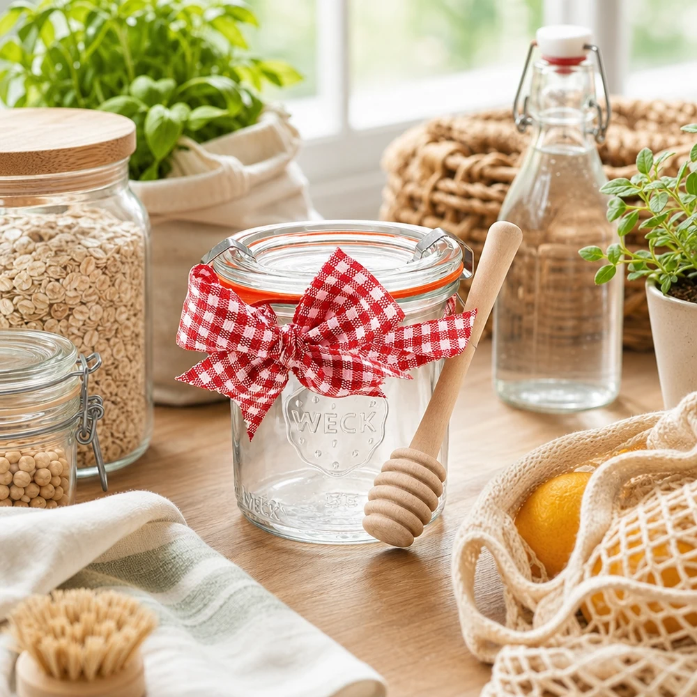 Mini bocal conique WECK 140 ml complet avec cuillère à miel et nud WECK Mini bocal en verre 140ml set complet Décoration de cuisine conservation durable cuillère à miel bois herbes aromatiques bocaux à provisions