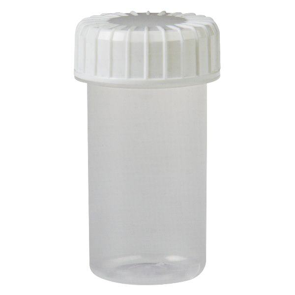 Pot en plastique transparent 20 ml + couvercle à vis blanc strié en PE, fermeture standard Pot en plastique transparent 20 ml + couvercle à vis blanc strié en PE, fermeture standard