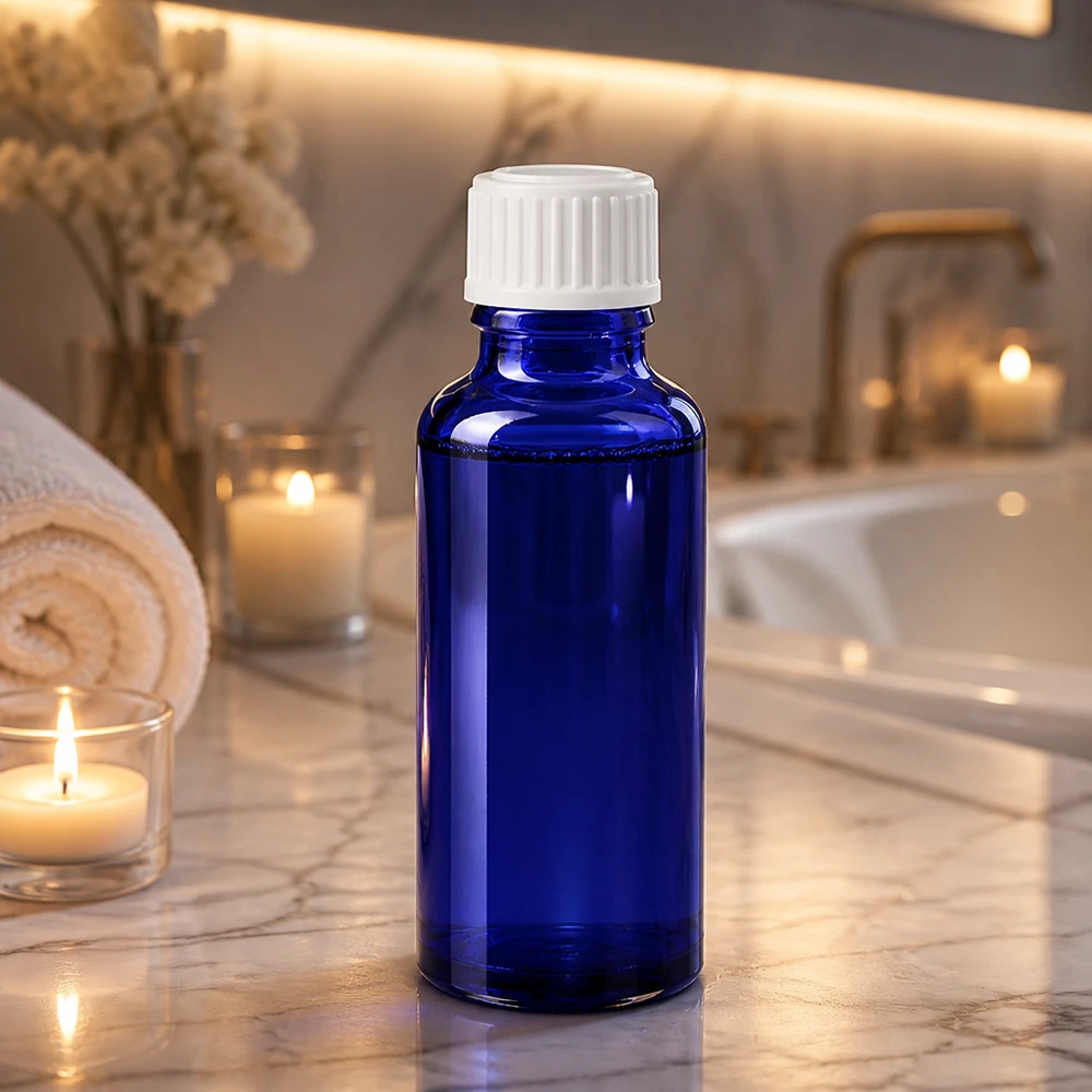 Flacon de pharmacie bleu 30ml bouchon vissable blanc standard Flacon de pharmacie de 30 ml, bleu cobalt, muni d'un bouchon standard blanc, posé sur un socle en marbre dans la salle de bains