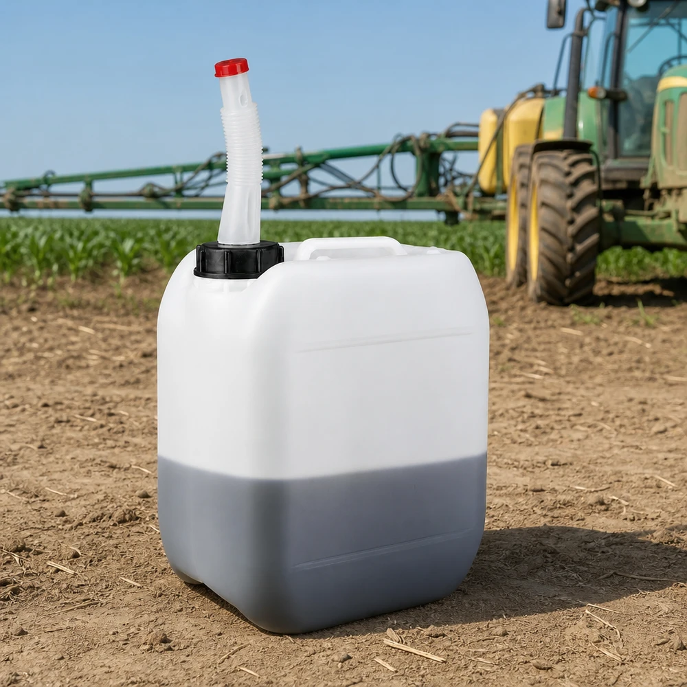 Bidon 5 litres avec tuyau d'écoulement Flex Bidon agricole de 5 litres avec bec verseur flexible, à côté d'un tracteur John Deere équipé d'un pulvérisateur agricole