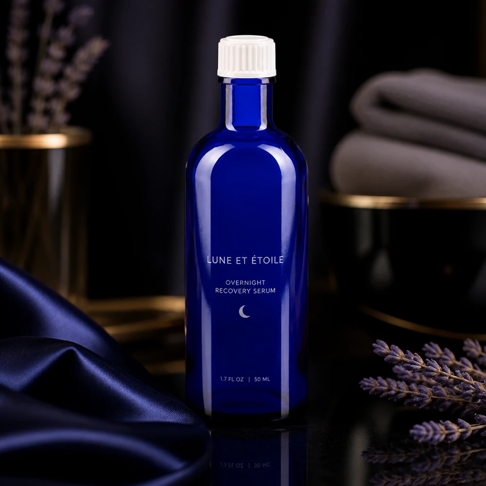 Flacon de pharmacie bleu 200ml bouchon vissable blanc standart Flacon de pharmacie bleu cobalt de 50 ml avec bouchon à vis blanc, sur fond sombre