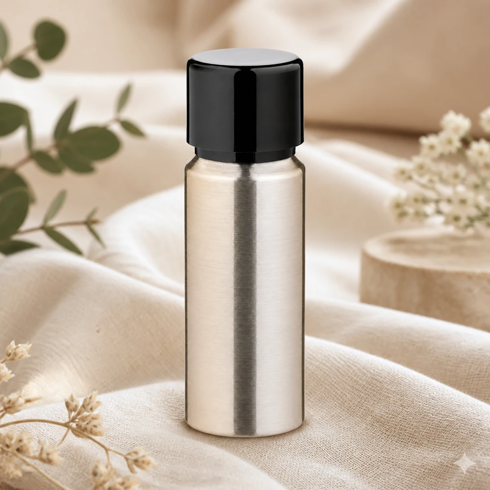 Bouteille en aluminium poncé 20 ml, avec bouchon à vis noir et joint conique Bouteille en aluminium légère de 20 ml au design compact, parfaite pour les voyages et les applications mobiles