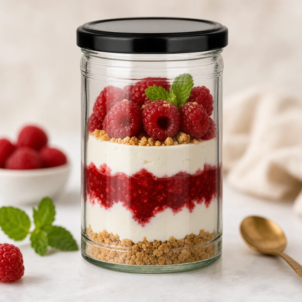 1053ml Sturzglas mit schwarzem Deckel als Dessertglas mit Himbeer-Schichtdessert und Keksboden dekoriert mit Minze