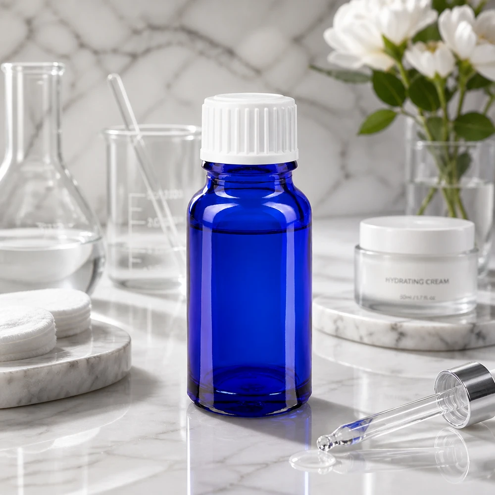 Flacon de pharmacie bleu 10ml bouchon vissable blanc globuli std Flacon de pharmacie bleu de 10 ml avec bouchon blanc à sécurité enfant, sur fond marbré