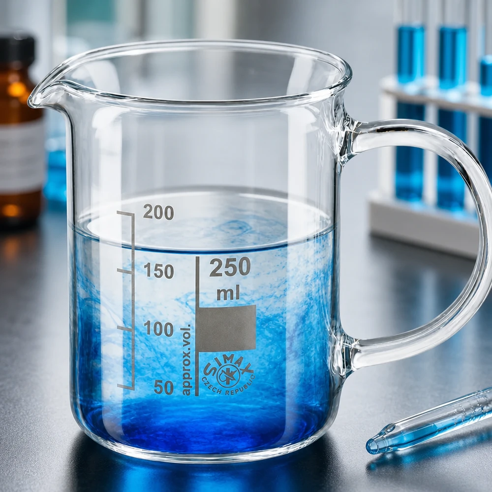 Bécher de laboratoire de 250 ml en verre borosilicaté, muni d'une anse et contenant une solution bleue formant plusieurs couches