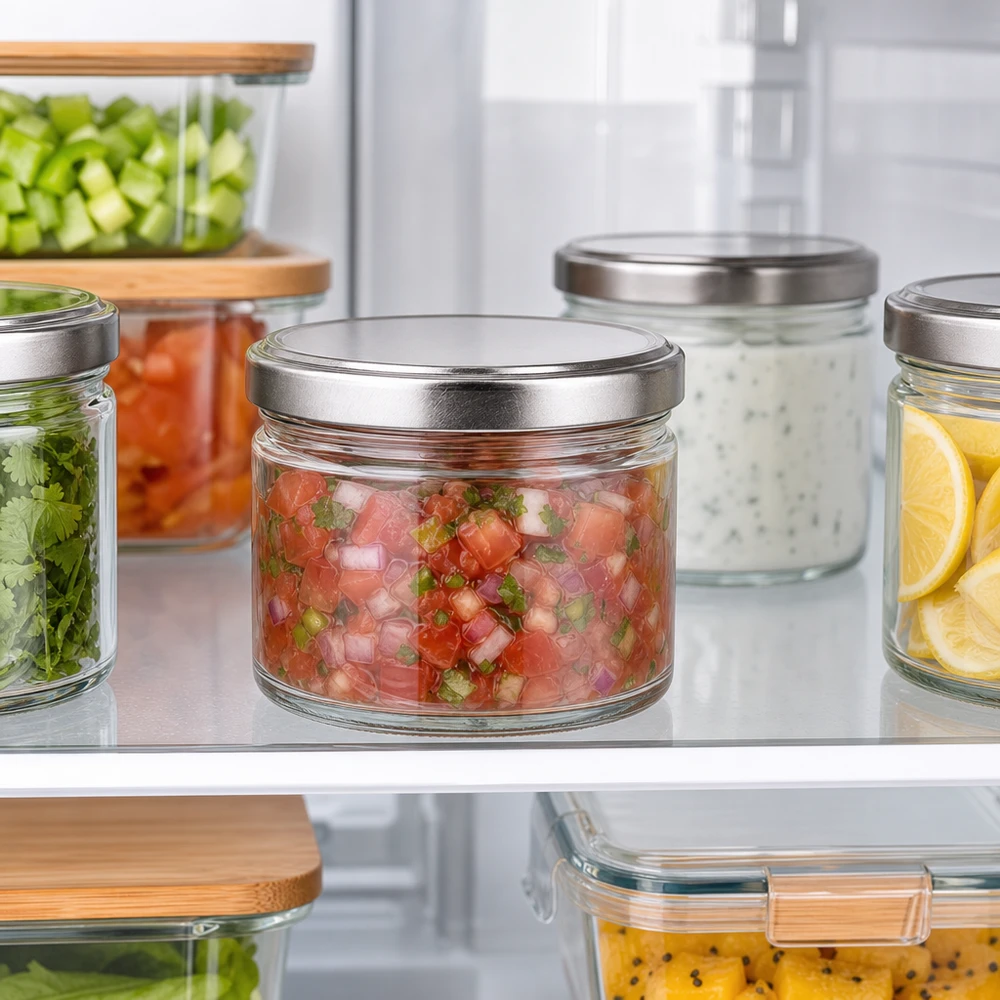 Pots ronds de 540ml avec couvercles argentés dans le réfrigérateur, Meal Prep Container pour salsa et légumes prédécoupés