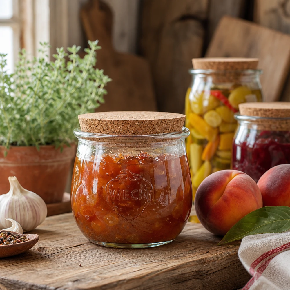 370ml bocal tulipe WECK RR80 avec bouchon nature WECK Pot de conservation 370ml avec couvercle en liège rempli de confiture dans une cuisine rustique à côté de pêches fraîches