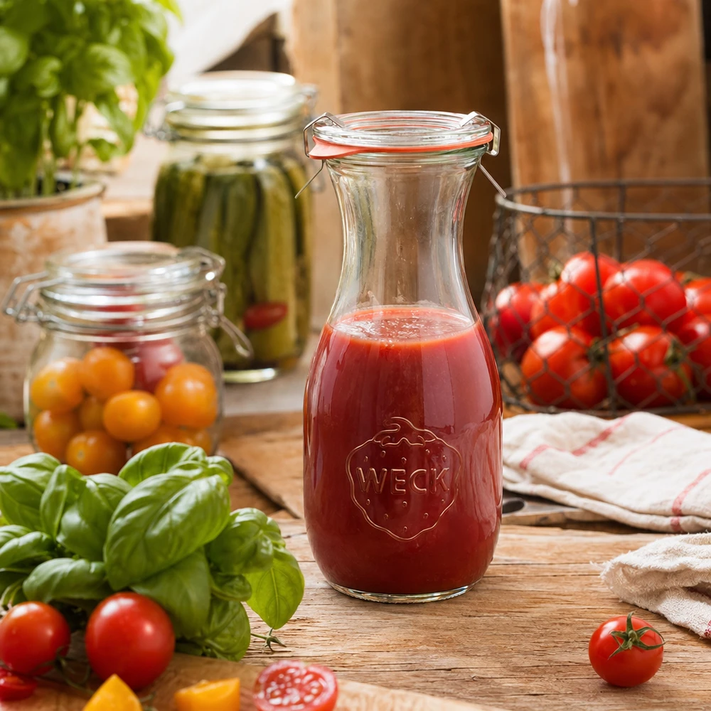Bouteille à jus de 530 ml, ensemble complet WECK RR60 WECK Bouteille de jus 530ml avec jus de tomate sur table en bois entourée de tomates fraîches et de basilic dans la cuisine