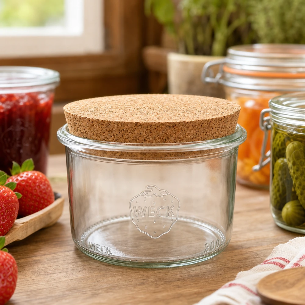 200ml bocal conique WECK RR80 avec bouchon nature WECK Pot de conserve 200ml RR80 avec couvercle en liège dans la cuisine rustique à côté de la confiture et des cornichons marinés