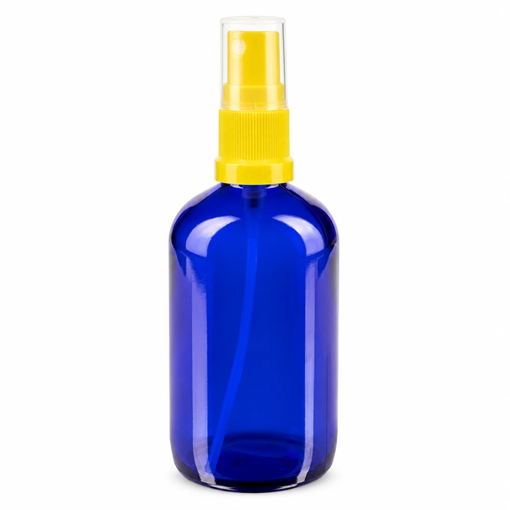 Flacon de pharmacie bleu 100ml embout spray jaune Flacon pulvérisateur en verre bleu de 100 ml avec vaporisateur jaune, en verre de pharmacie, qualité standard
