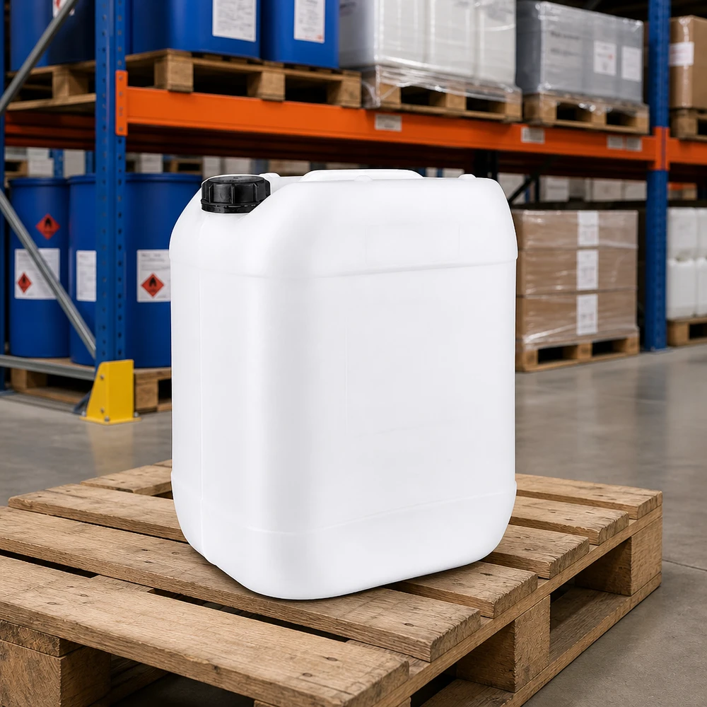 Bidon robuste de 20 litres avec bouchon à vis, sur une palette en bois, en stock