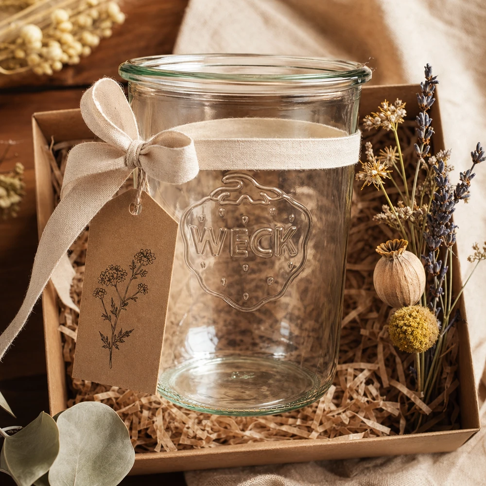 850ml WECK Pot renversé RR100 avec ruban et fleurs séchées en boîte cadeau sur fond bois